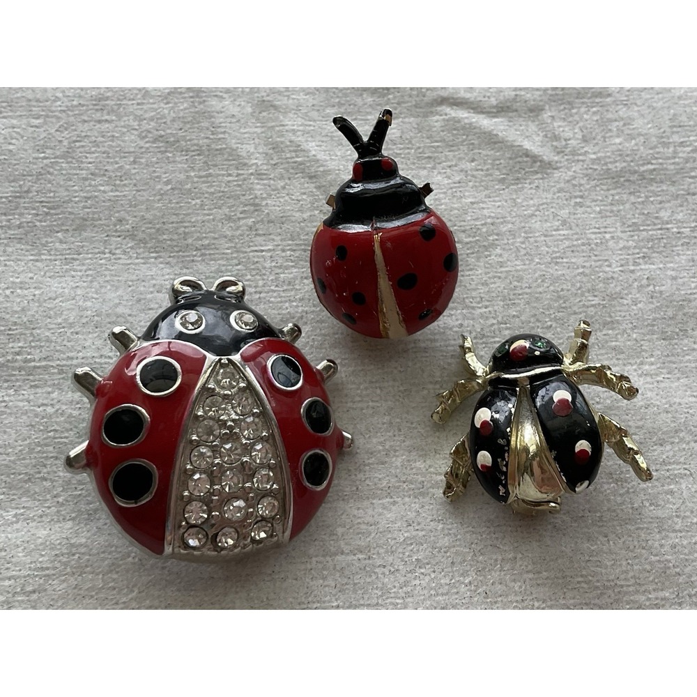 Lot Of 3 Vintage To Modern Lady Bug Brooch Pin Estate Jewelry